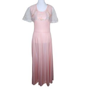Vintage 70s Maxi Dress Sheer Capelet Womens Size L Peach Pink Floral Garden Part